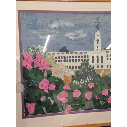 116 - Decoupage 3D artwork of a large building, framed and glazed 97cm x 70cm