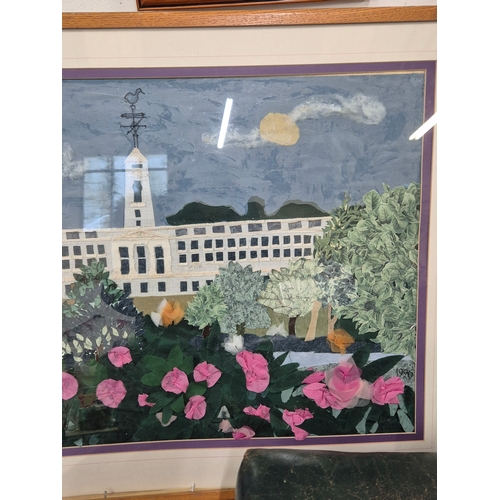 116 - Decoupage 3D artwork of a large building, framed and glazed 97cm x 70cm