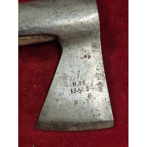 129 - Vintage Fireman's helmet 'Essex County FIRE Brigade' plus a Fireman's Axe with crows foot mark 1953