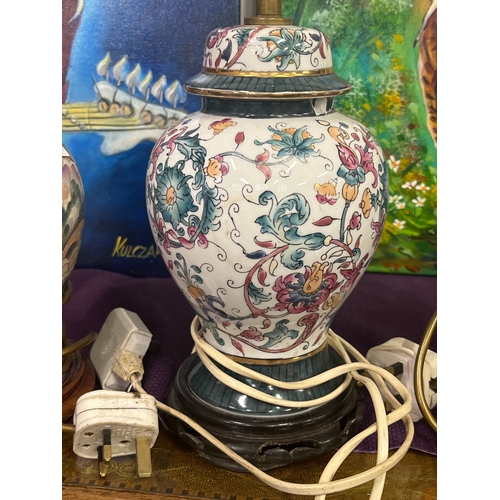 160 - 3 vintage Chinoiserie porcelain vase-urns converted into a lamps.
