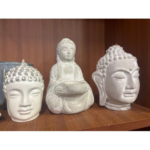 172 - Buddha head statues and incent burners plus China panda bears and a glass drink dispenser