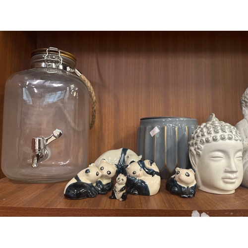 172 - Buddha head statues and incent burners plus China panda bears and a glass drink dispenser