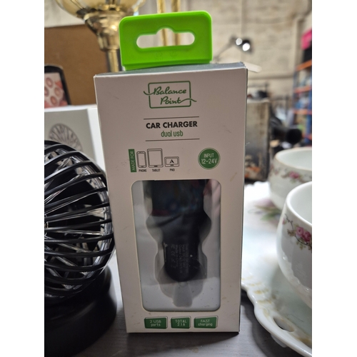 189 - Amazon Kindle, handheld fan, small usb desk fan, car charger and a Heart of Love hair remover