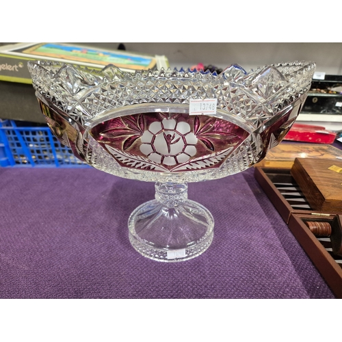89 - Large cut glass footed fruit bowl with red design