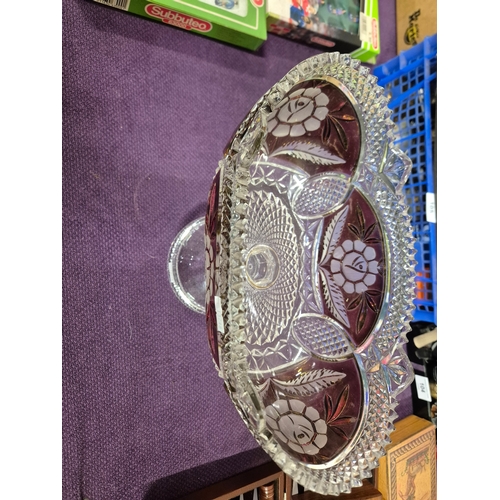 89 - Large cut glass footed fruit bowl with red design