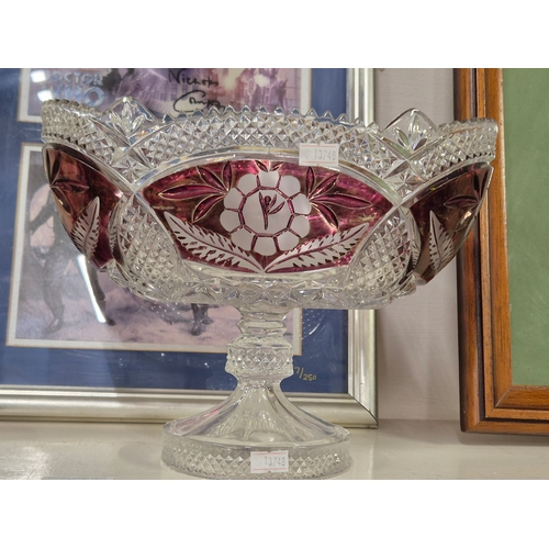 89 - Large cut glass footed fruit bowl with red design