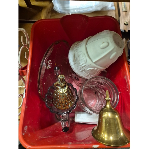 207 - Metal magazine rack side table and a box of mostly glass tankards etc plus some brass