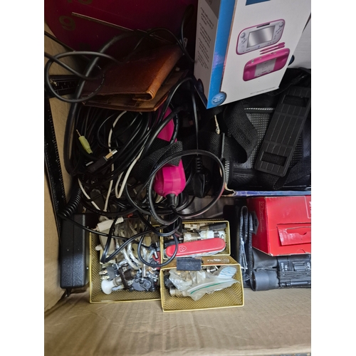 208 - Box of mixed items to include red glass wall clock, binoculars, Wii U cases new in boxes plus more