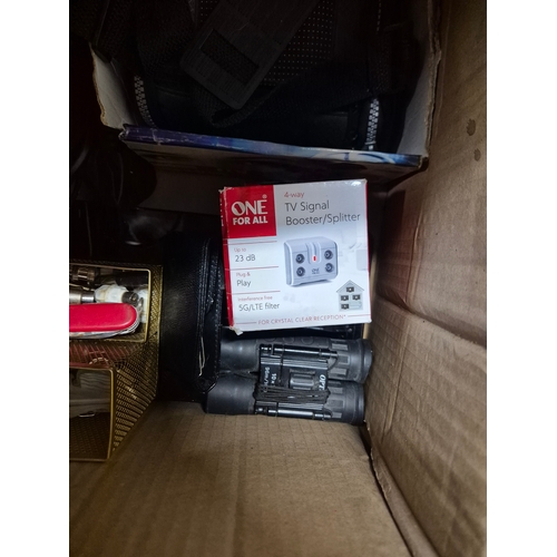 208 - Box of mixed items to include red glass wall clock, binoculars, Wii U cases new in boxes plus more