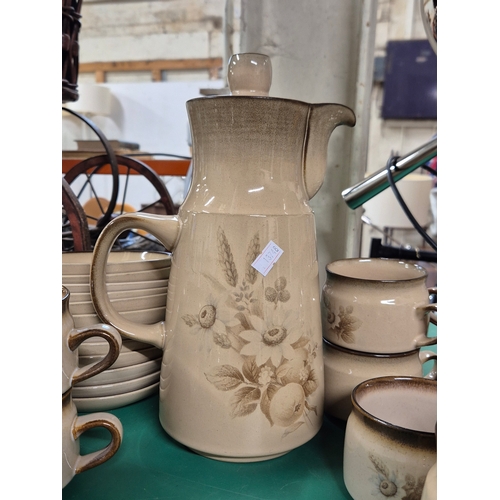 241 - Denby 'Memories' coffee set with coffee pot and 12 cups and saucers in different styles