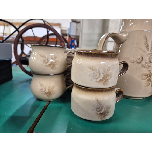 241 - Denby 'Memories' coffee set with coffee pot and 12 cups and saucers in different styles