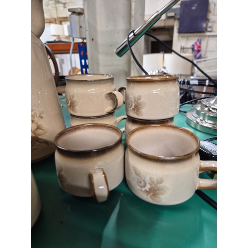 241 - Denby 'Memories' coffee set with coffee pot and 12 cups and saucers in different styles
