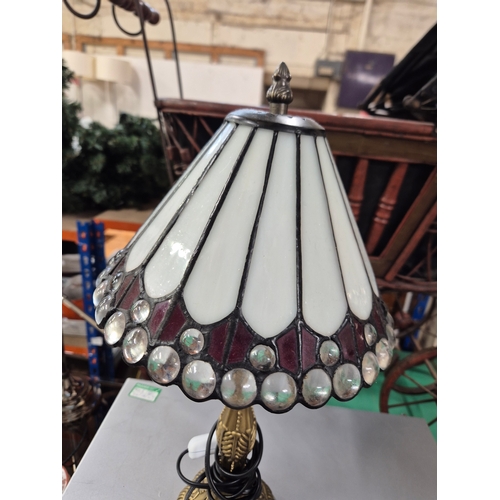 242 - Small traditional white Tiffany-style table lamp with multiple transparent glass jewels and an antiq... 