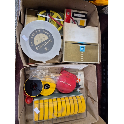 249 - Aldis slide projector and 2 boxes of vintage tape reels