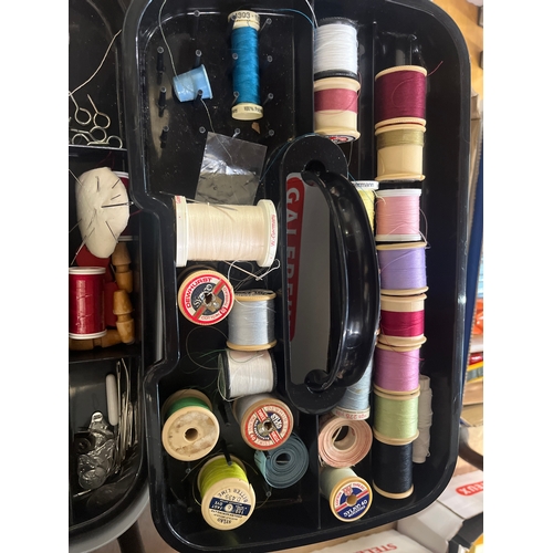 266 - Storage box with sewing contents -many cottons, scissors,pins, safety pins etc