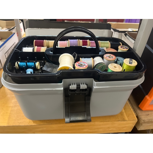 266 - Storage box with sewing contents -many cottons, scissors,pins, safety pins etc
