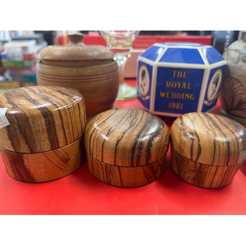 270 - Collection  of mixed China and Treen, tall jug, pair of Brass small urns  etc