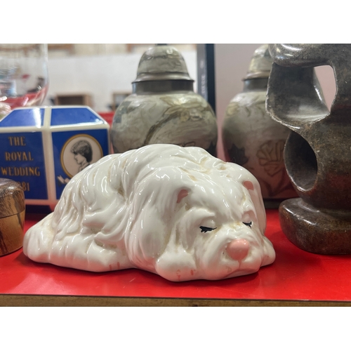 270 - Collection  of mixed China and Treen, tall jug, pair of Brass small urns  etc
