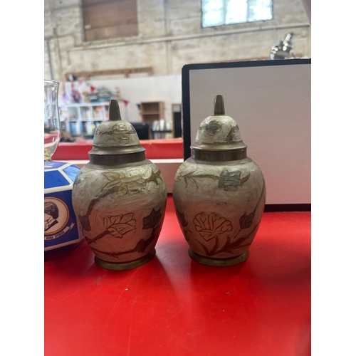 270 - Collection  of mixed China and Treen, tall jug, pair of Brass small urns  etc