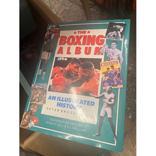 278 - 2 boxes of mixed and books ie The Boxing Album, Jigsaw roll, leather bag etc