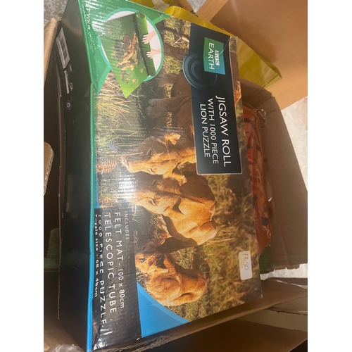 278 - 2 boxes of mixed and books ie The Boxing Album, Jigsaw roll, leather bag etc