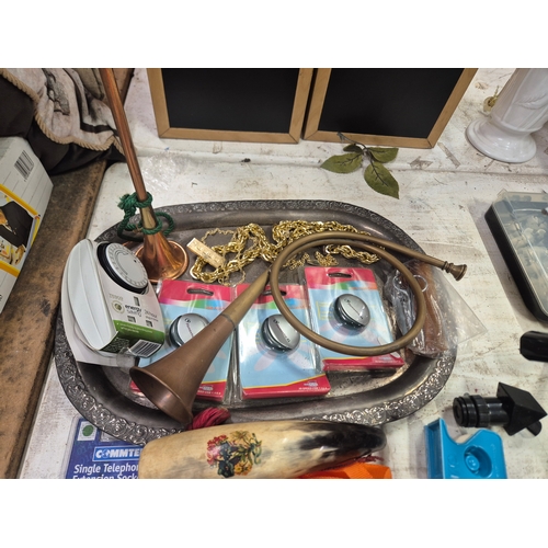 345 - Mixed lot to include jewellery, telescope, copper horns, keys etc