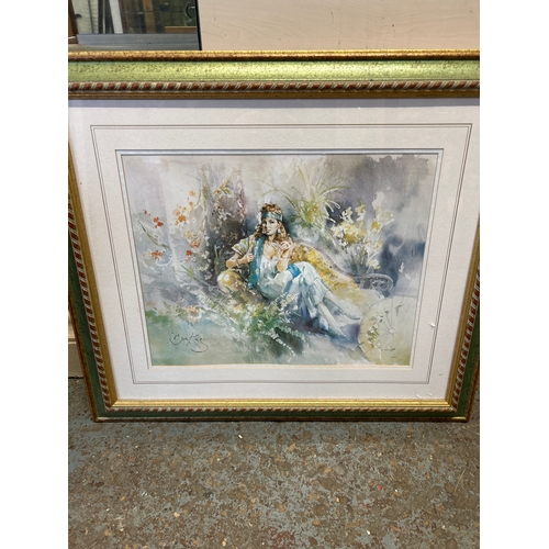 64 - Large framed print by Gordon King of a lady on a chaise longue. Frame size 77cm x65cm