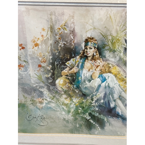 64 - Large framed print by Gordon King of a lady on a chaise longue. Frame size 77cm x65cm