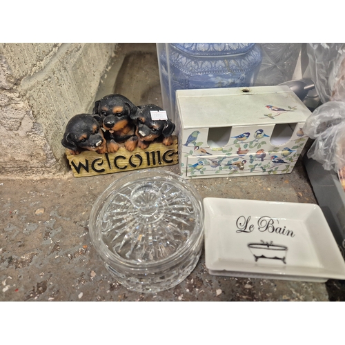 170 - Box of mixed items to include 3 Wedgwood plates, Royal Brierley crystal pot, dog welcome sign etc