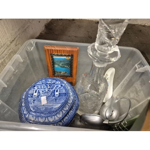 170 - Box of mixed items to include 3 Wedgwood plates, Royal Brierley crystal pot, dog welcome sign etc