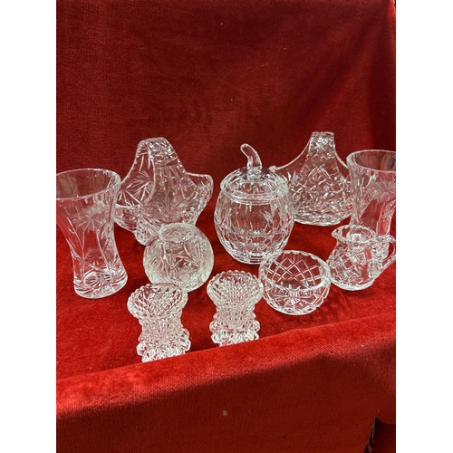60 - Selection of cut glass crystal including an apple shaped preserve pot, two baskets, two pairs of sma... 