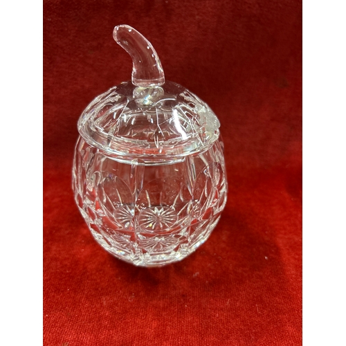 60 - Selection of cut glass crystal including an apple shaped preserve pot, two baskets, two pairs of sma... 