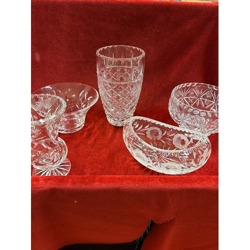 59 - Selection of cut glass crystal including a tall vase, a campana shaped vase and 3 bowls