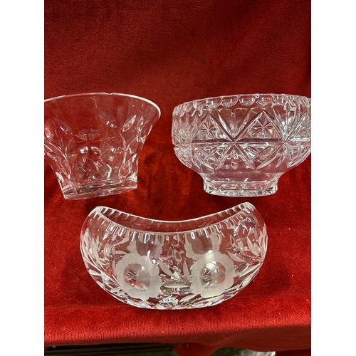 59 - Selection of cut glass crystal including a tall vase, a campana shaped vase and 3 bowls