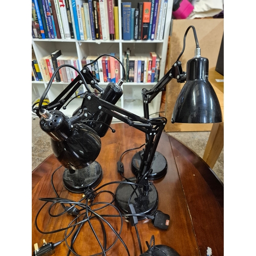 286 - 3 anglepoise style desk lamps and a ceiling chandelier all in black