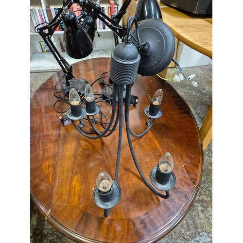 286 - 3 anglepoise style desk lamps and a ceiling chandelier all in black