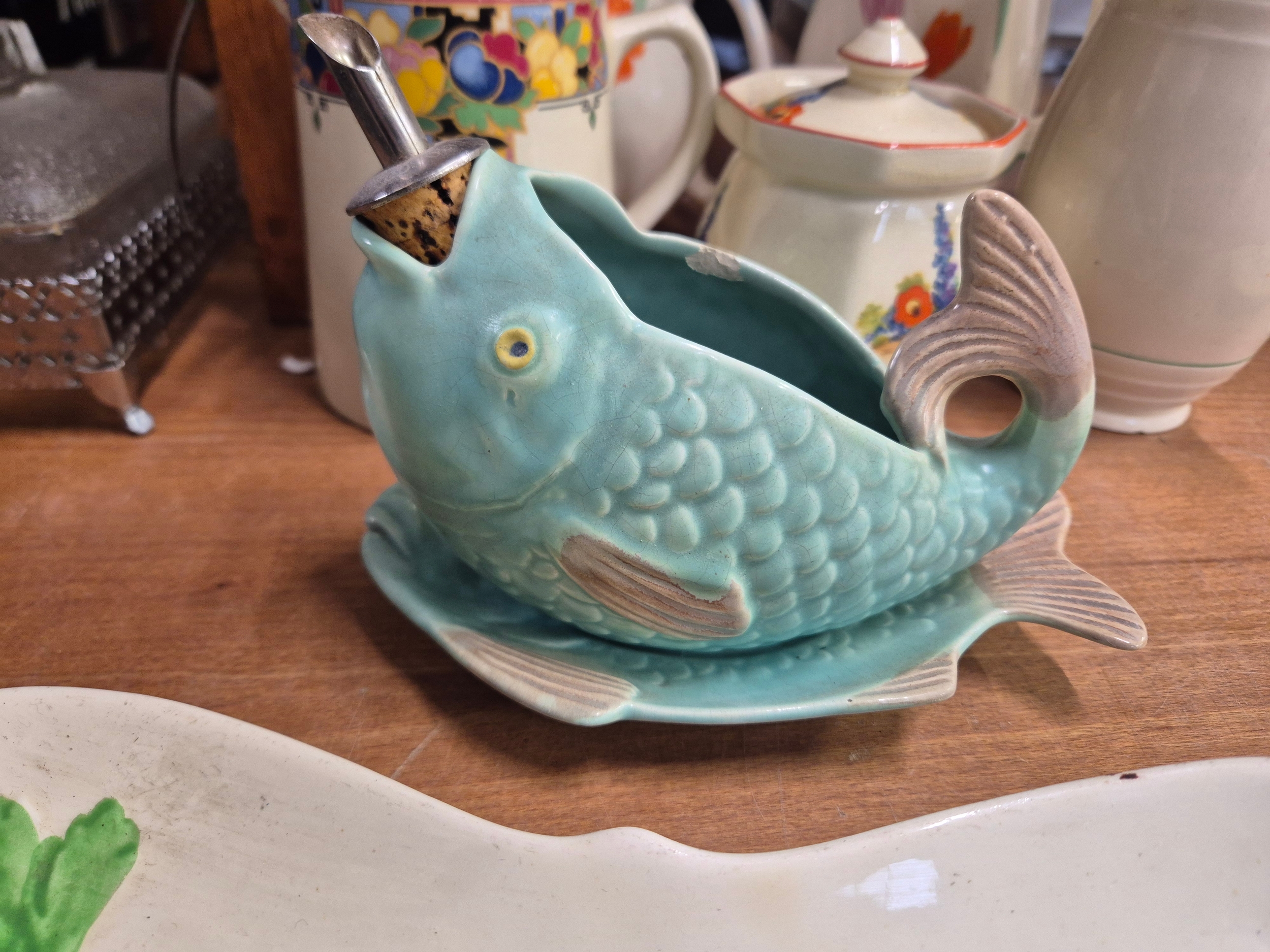 Collection of mostly 1930's hand decorated ceramics to include a fish ...