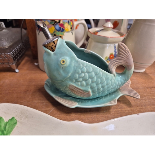 Collection of mostly 1930's hand decorated ceramics to include a fish ...