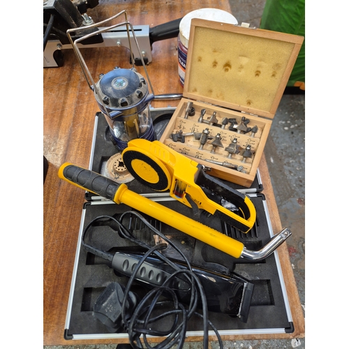 Mixed lot to include hair clippers, router bits, lantern, stud detector etc