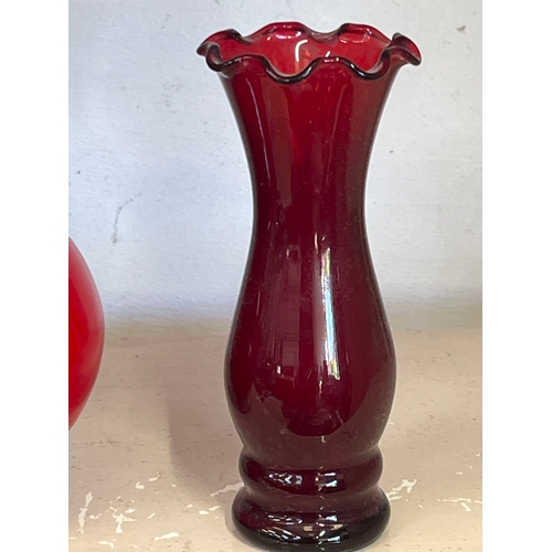 70 - Red Chinese Blossom vase 1970’s and 2 smaller red glass vases