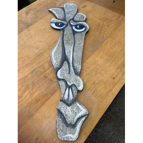 106 - Stone Face Wood Sculpture 35”x9.5”, hand painted in Acrylic by Kulczak