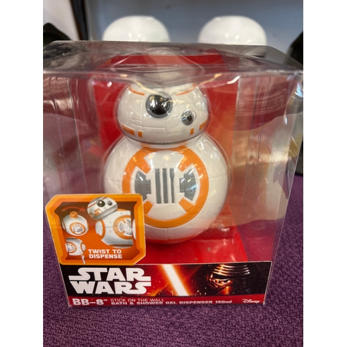 135 - Star Wars BB-8 bath & shower gel dispenser stick on wall, two Storm troopers bath & body wash (unuse... 