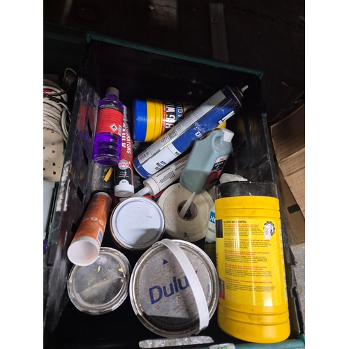 372 - 2 trays of paint, DIY and electricals (crates not included)