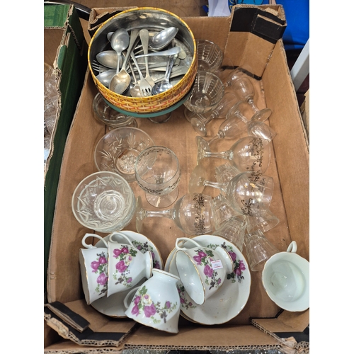 374 - 2 large boxes of glass, metalware and china