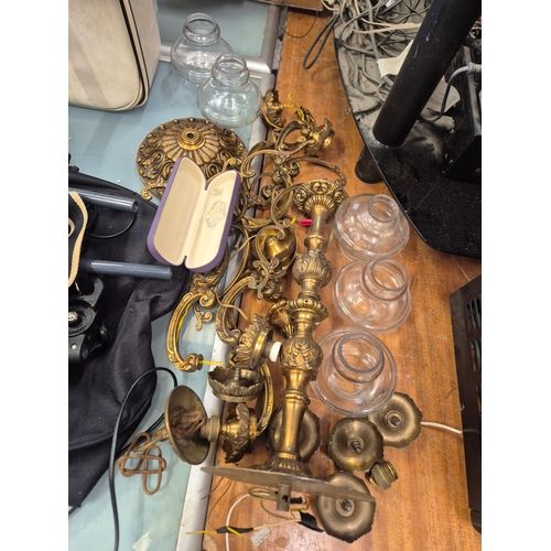 384 - 2 ornate brass chandeliers for spares or repair with glass shades