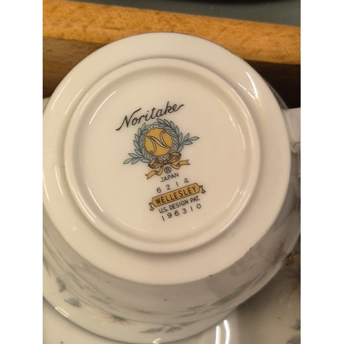 387 - Noritake Wellesley tea set with 6 cups, saucers and plates plus a milk jug, sugar bowl and cake plat... 