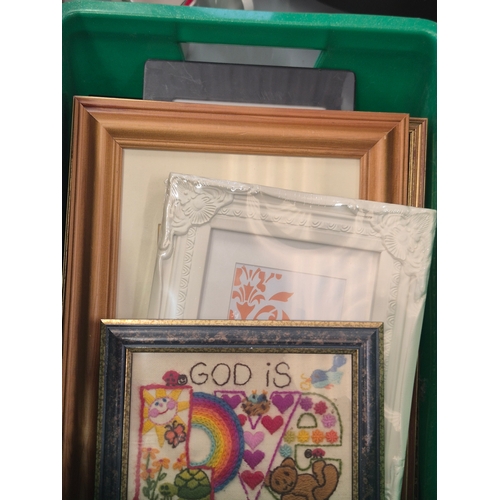 390 - Box of framed and glazed prints plus a God is love tapestry picture and a new picture frame