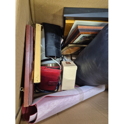 439 - Mixed box to include cassette recorder, sleeping bag, pictures etc