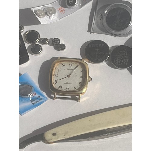 23 - Pocket watch, Waltham Wristwatch, cut throat razor and wristwatch batteries