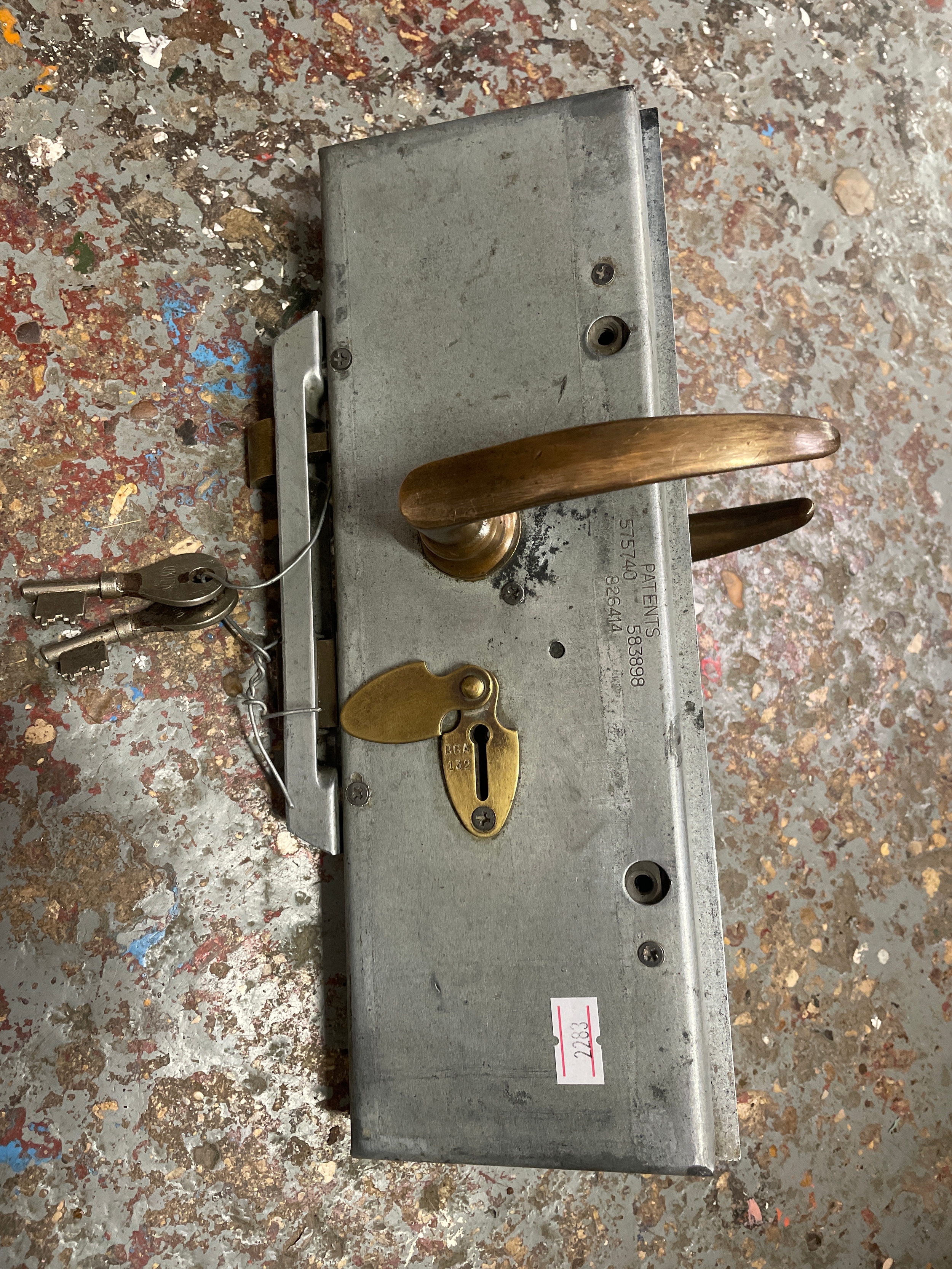 Large Vintage door lock with handle. keys attached.